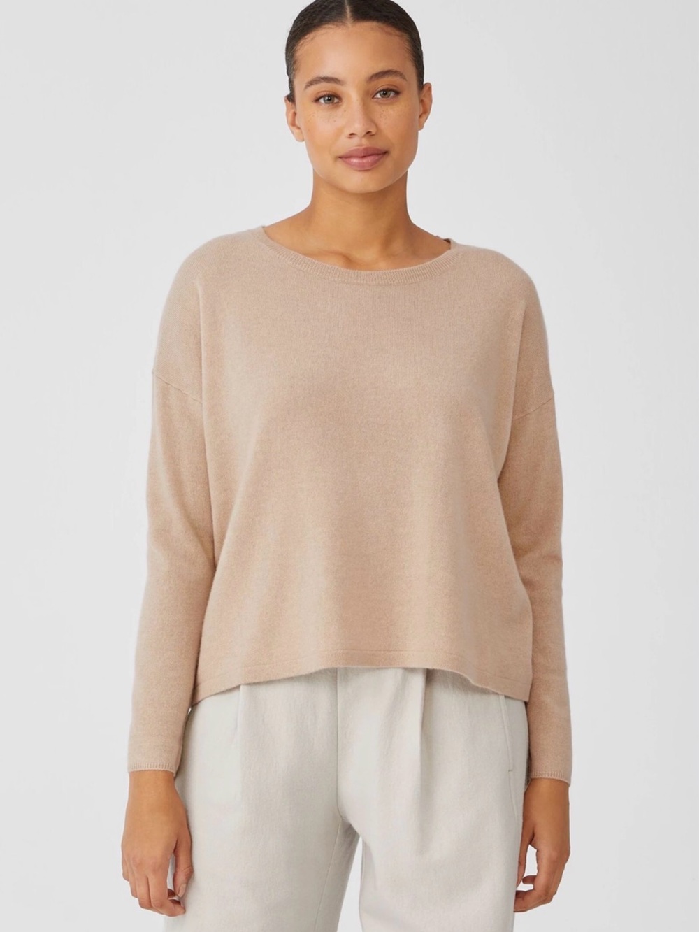 Eileen Fisher Cashmere Knit Wide Neck Oversized Box Sweater in blush, size XL